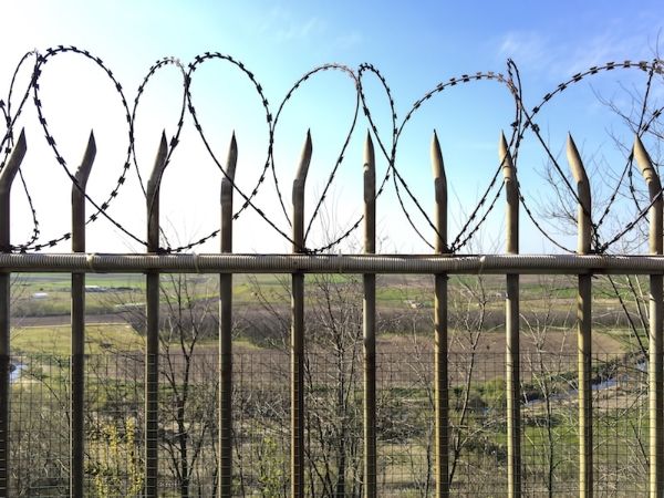 Cross razor wires are installed at the top of wood fence.