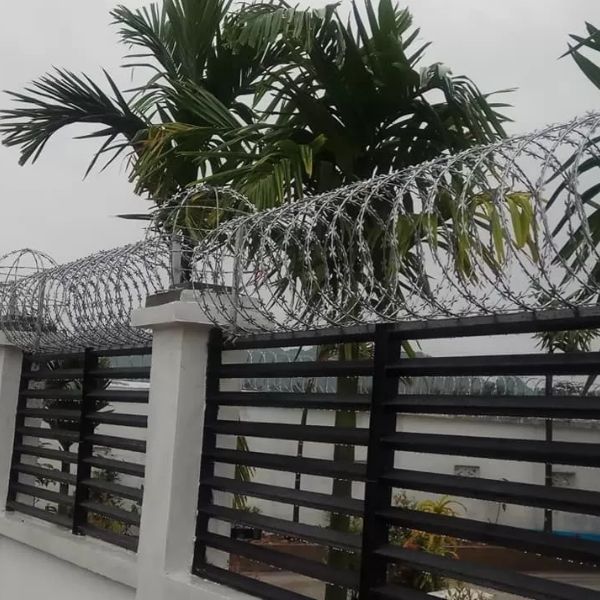 Fish-hook blade concertina wires are installed on the metal fence.