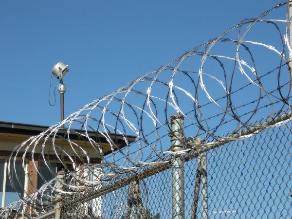 Long blade concertina wires are installed on the chain link fence.